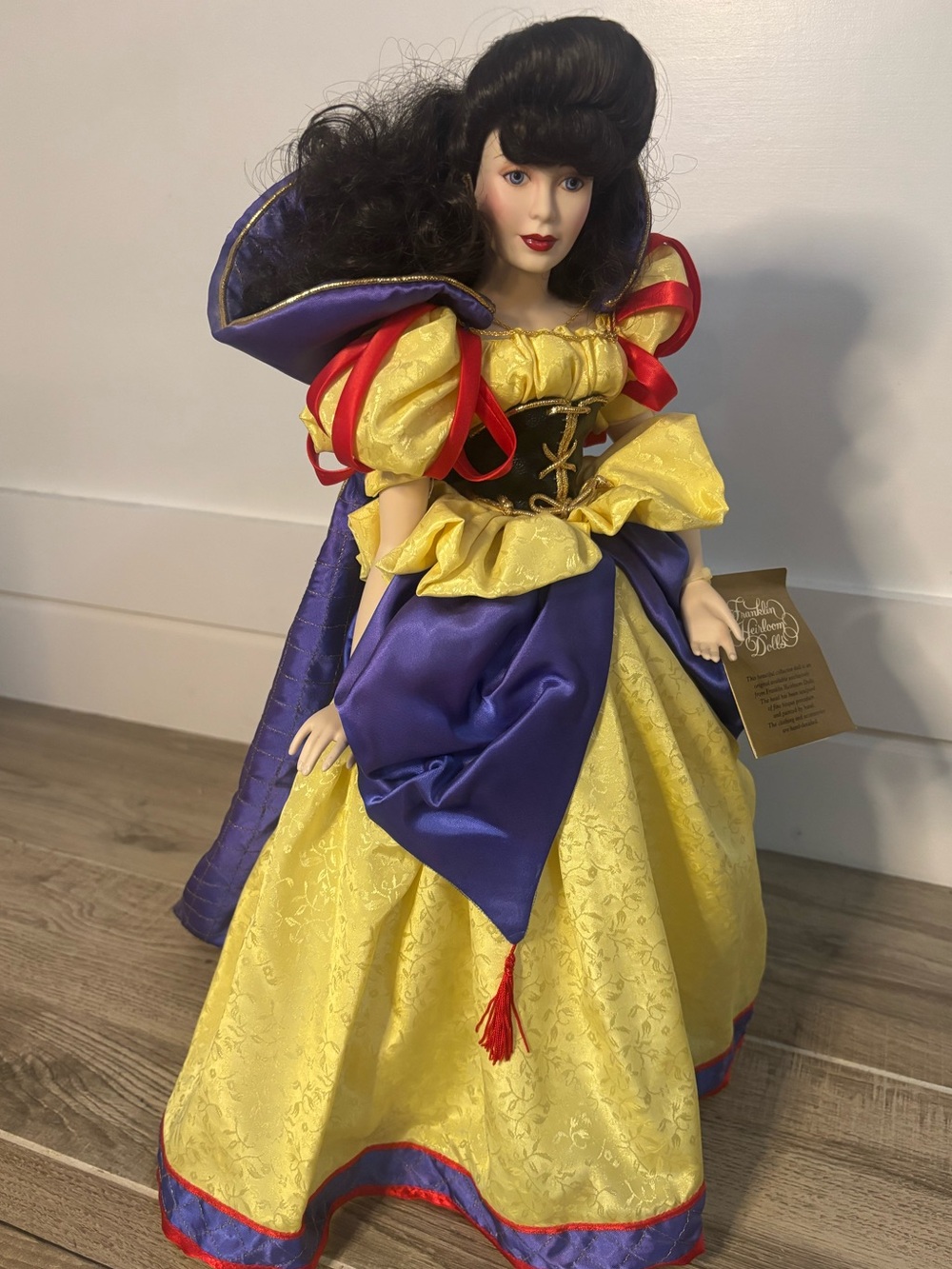 Franklin Mint Porcelain Doll Snow White in Yellow, Purple & Red Gown